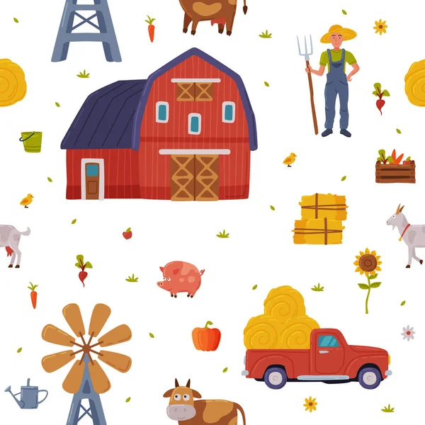 Farm Building and Agricultural Objects Seamless Pattern, Agriculture, Gardening and Farming Background, Textile, Packaging, Wallpaper Design Vector Illustration — Stockvector
