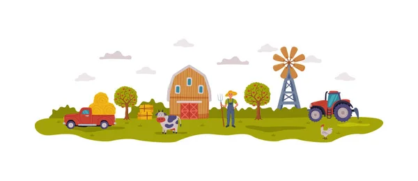 Scena gospodarcza ze stodołą, rolnik, transport rolny i inwentarz żywego inwentarza, letni krajobraz wiejski, rolnictwo, ogrodnictwo i koncepcja rolnictwa Cartoon Style Vector ilustracja — Wektor stockowy