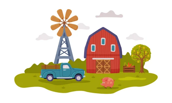 Scena gospodarcza z czerwonym gospodarstwie, Ciągnik i wiatrak, Rolnictwo, Ogrodnictwo i koncepcja rolnictwa Cartoon Style Wektor ilustracji — Wektor stockowy