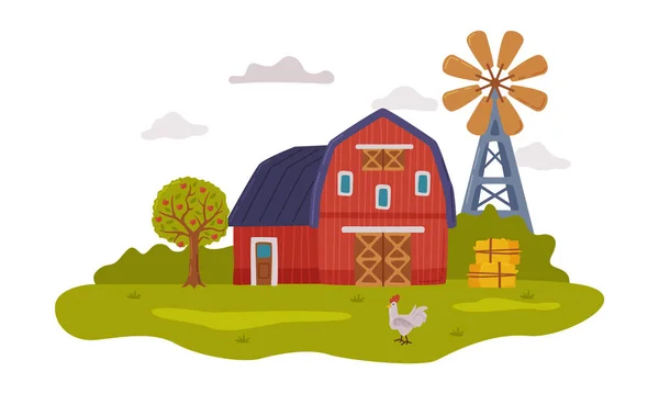 Farm Scene with Red Barn and Windmill, Agriculture, Gardening and Farming Concept Cartoon Style Vector Illustration — Stockvektor