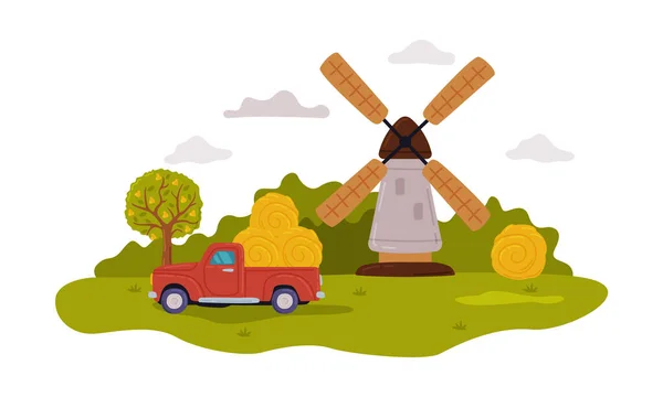 Scena di fattoria con mulino a vento e pick-up auto, paesaggio rurale estivo, agricoltura, giardinaggio e agricoltura concetto stile cartone animato illustrazione vettoriale — Vettoriale Stock