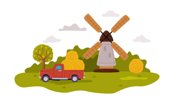 Farm Scene with Windmill and Pickup Car, Summer Rural Landscape, Agriculture, Gardening and Farming Concept Cartoon Style Vector Illustration