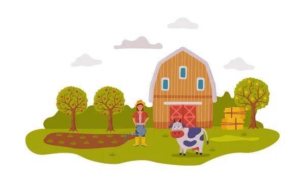Escena de granja con granero, agricultora y ganadero, paisaje rural de verano, agricultura, jardinería y concepto de agricultura Dibujos animados Estilo Vector Ilustración — Archivo Imágenes Vectoriales