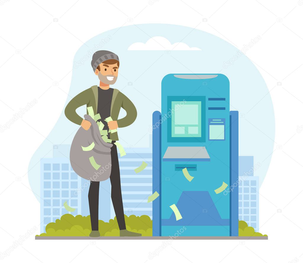 Male Burglars Stealing Money from ATM, Thief Committing Robbery, Lawless Financial Criminal Scene Flat Vector Illustration