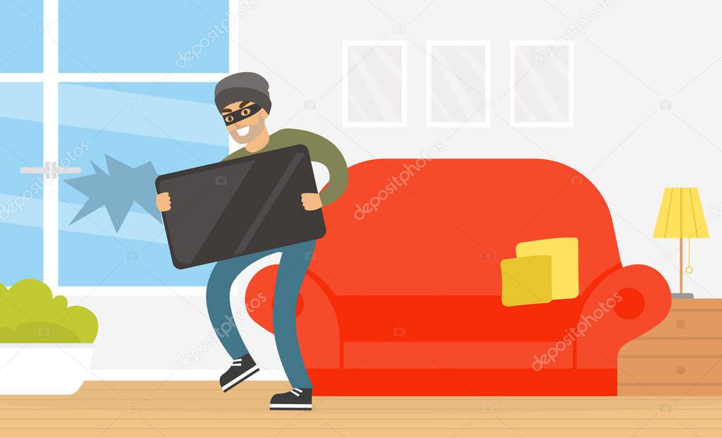 Male Thief Stealing Television from House, Burglar Committing Robbery, Criminal Scene Flat Vector Illustration