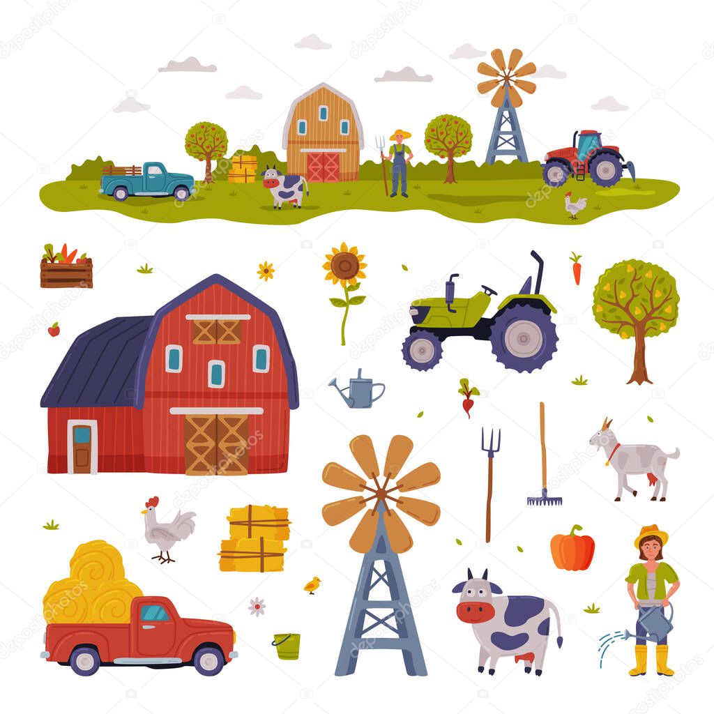 Farm Rural Buildings and Agricultural Objects Set, Farmhouse, Windmill, Tractor, Pickup, Livestock, Agriculture and Farming Concept Cartoon Style Vector Illustration