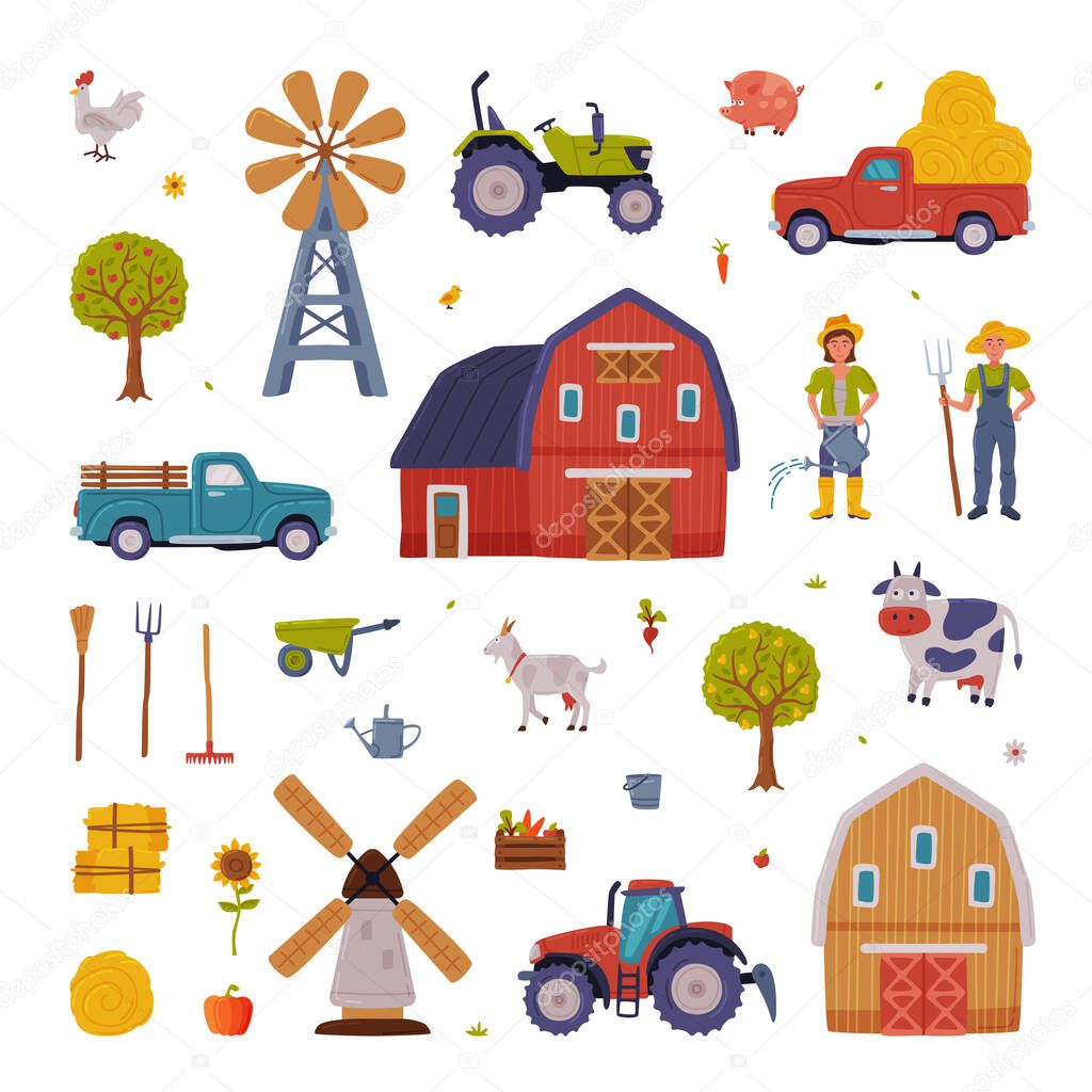 Farm Rural Buildings and Agricultural Objects Set, Barn, House, Mill, Tractor, Pickup, Livestock, Agriculture and Farming Concept Cartoon Style Vector Illustration