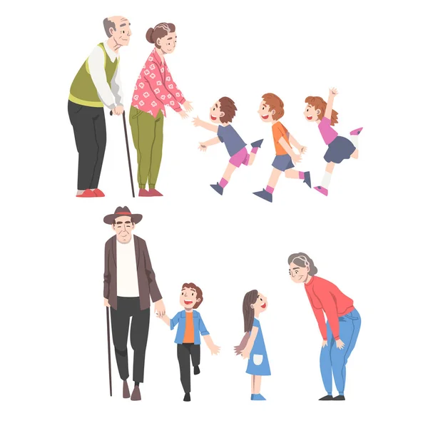 Nonni Passare il tempo di passatempo con nipotini Set, Stanno camminando e intrattenendo i loro nipoti e nipoti stile cartone animato Vector Illustrazione — Vettoriale Stock