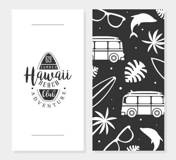 Hawaii Beach Club Card Mall, Sommar Äventyr Monokrom Banner, Inbjudan, Flyer Design vektor Illustration — Stock vektor