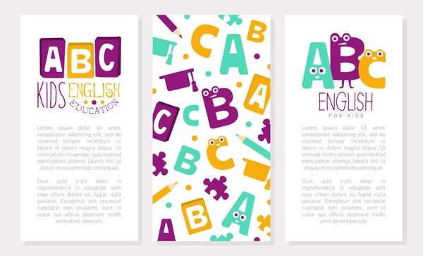 Παιδικά Αγγλικά Εκπαίδευση Banner Πρότυπο με Χώρο για Κείμενο, Κάρτα Πρόσκλησης, Flyer, Σχεδιασμός Φυλλάδιο, Παιδικό Εκπαιδευτικό Club Εικονογράφηση Διάνυσμα — Διανυσματικό Αρχείο