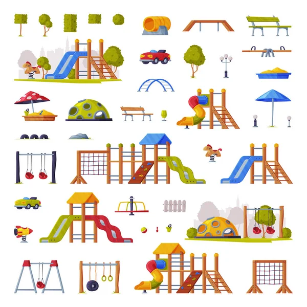 Children Playground Elements with Slide, Swings and Ladders Vector Set — Stock Vector