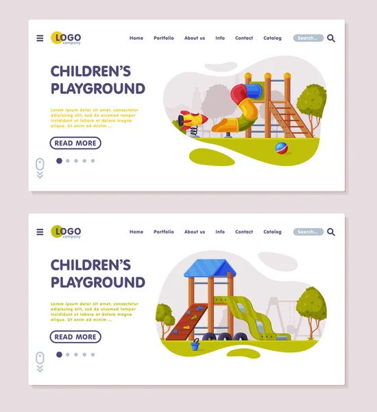 Children Playground Zone with Slide and Ladder Landing Page Template Vector Set — Stock Vector