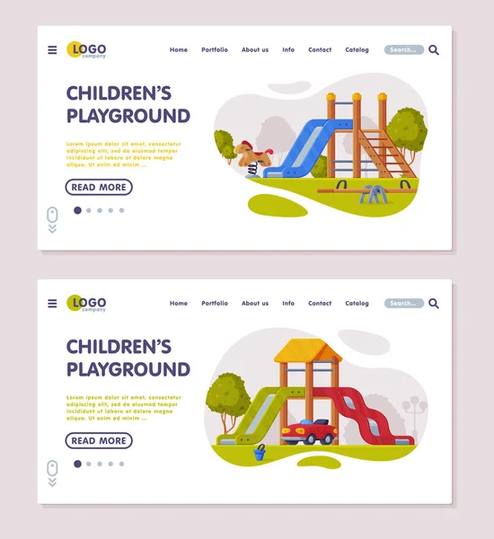 Children Playground Zone with Slide and Ladder Landing Page Template Vector Set — Stock Vector