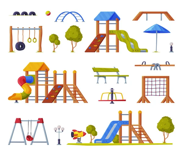 Elementy placu zabaw dla dzieci ze zjeżdżalnią, huśtawkami i drabinkami — Wektor stockowy