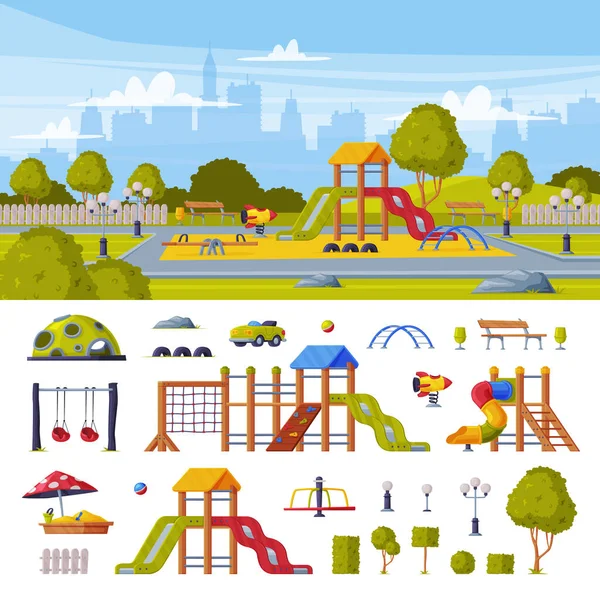 Colorido paisaje urbano con parque infantil como área pública de verano urbana para jugar y equipo conjunto de vectores — Vector de stock