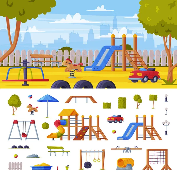 Красочный городской пейзаж с детской площадкой как городская летняя общественная зона для игр и векторного набора оборудования — стоковый вектор