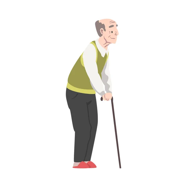 Senior Man Walking with Cane, Vrolijke Pensioner Karakter Cartoon Style Vector Illustratie op witte achtergrond — Stockvector