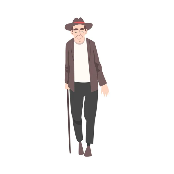 Homme âgé avec canne à pied, retraité actif joyeux, homme âgé personnage dessin animé style vectoriel Illustration — Image vectorielle