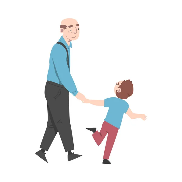 Morfar och sonson tillbringar tid tillsammans, farförälder promenader med sitt barnbarn tecknad stil vektor illustration — Stock vektor