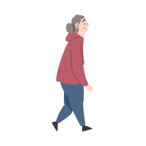 Femme âgée à pied, joyeux actif retraité femme âgée personnage dessin animé style vectoriel Illustration — Image vectorielle