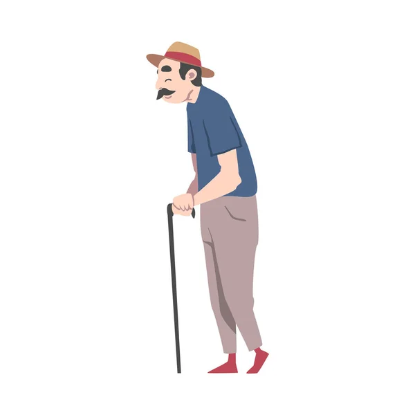 Senior Man Walking with Cane, veselý aktivní důchodce starší muž Charakter Cartoon Style Vector Illustration — Stockový vektor