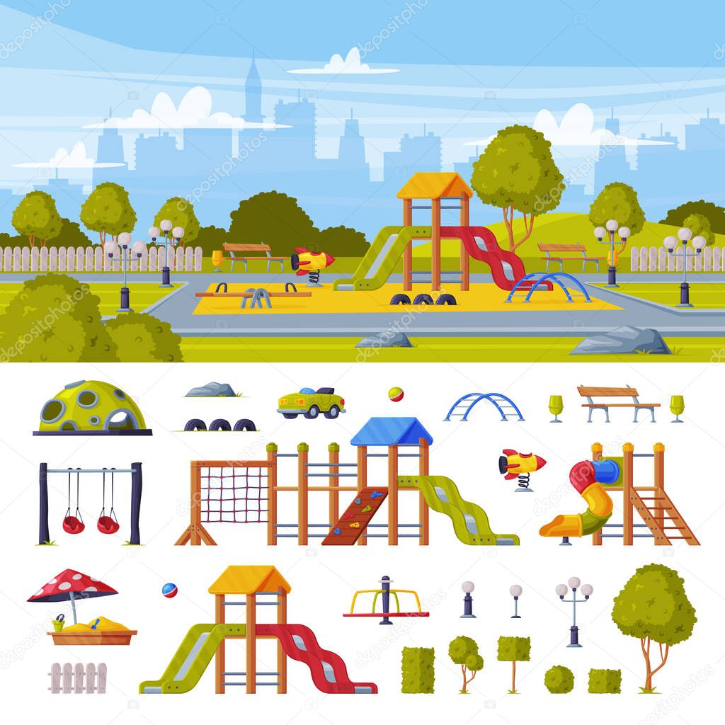 Colorful Cityscape with Kids Playground as Urban Summer Public Area for Playing and Equipment Vector Set