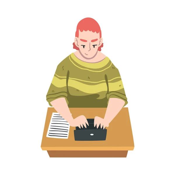 Professionell journalist vid skrivbordet skriva artikel eller inlägg på laptop vektor illustration — Stock vektor
