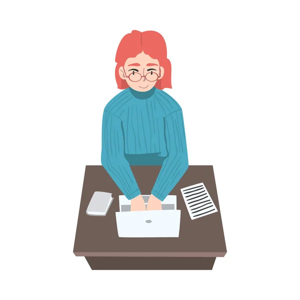 Female Journalist Sitting at Desk Writing Article or Essay on Laptop Vector Illustration — Stock Vector