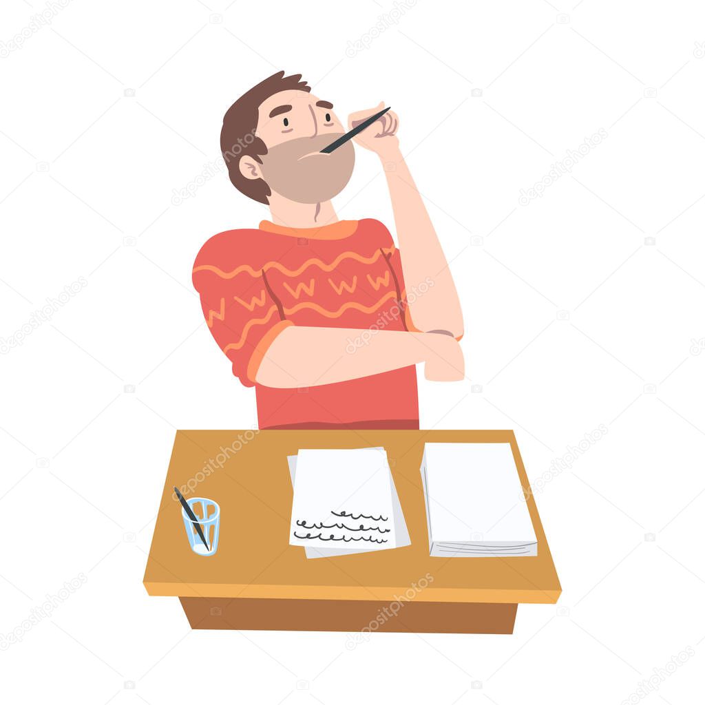Man Journalist at Desk Thinking Over Topic for Article or Media Information Vector Illustration
