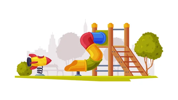 Parco giochi per bambini come area pubblica estiva urbana per giocare vettoriale illustrazione — Vettoriale Stock