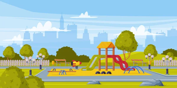 Sfondo colorato con parco giochi per bambini come area pubblica estiva urbana per giocare vettoriale illustrazione — Vettoriale Stock