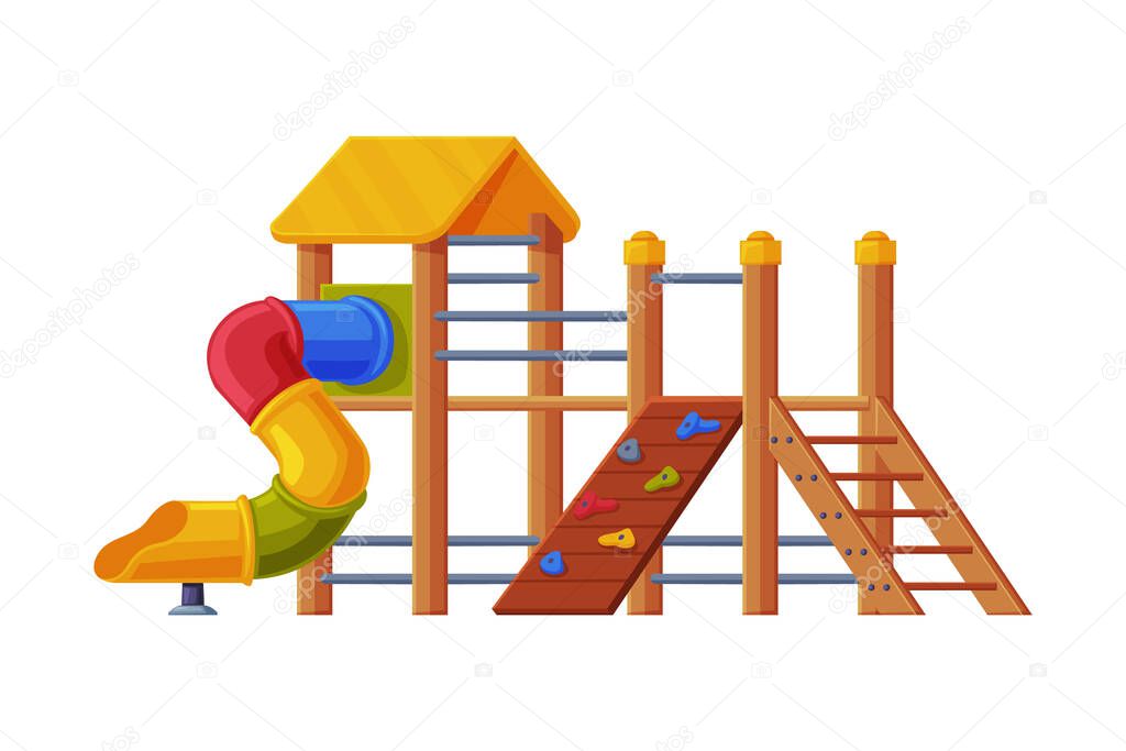 Colorful Wooden Slide with Tube and Ladder on Playground Vector Illustration