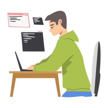 Yazılım Geliştirici ya da Programcı Olarak Erkek Dizüstü Bilgisayar Vektörü Resimlerinde Sunucu Tarafındaki Çerçevede Kodlama Yapıyor