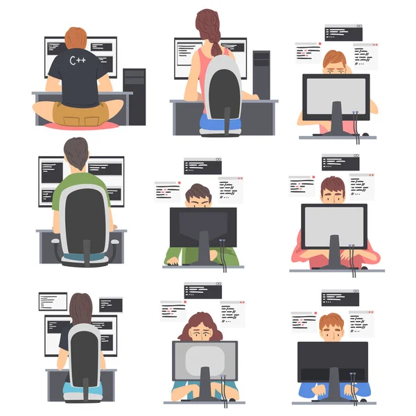 Bilgisayar Ekran Vektörü İllüstrasyonu Önünde Çalışan Web Geliştirici veya Programcı