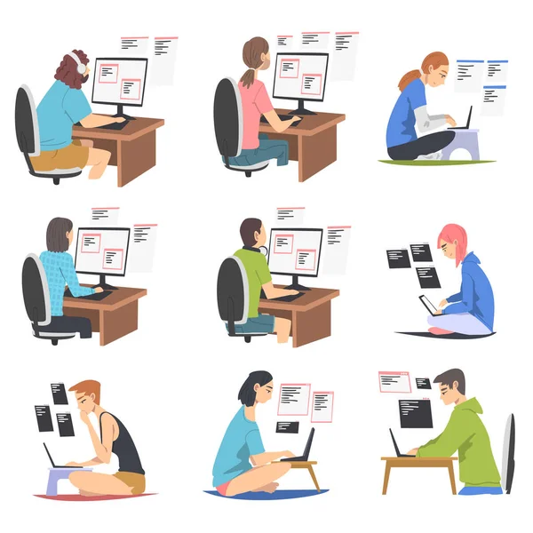 Software Developer or Programmer Engaged in Coding in Server-side Framework on Laptop or Computer Vector Illustration Set — Stock Vector