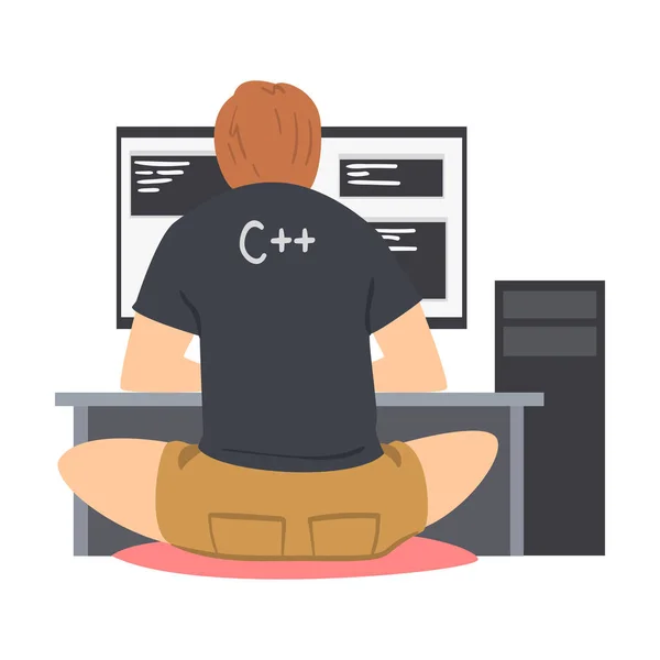 Man Web Developer or Programmer Working In Front of Computer Screen Vector Illustration — Stock Vector