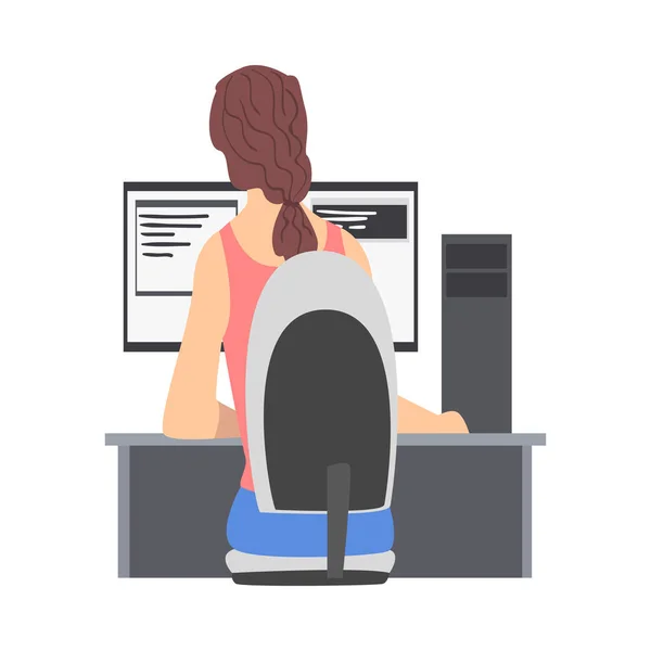 Woman Web Developer or Programmer Working In Front of Computer Screen Vector Illustration — Stock Vector