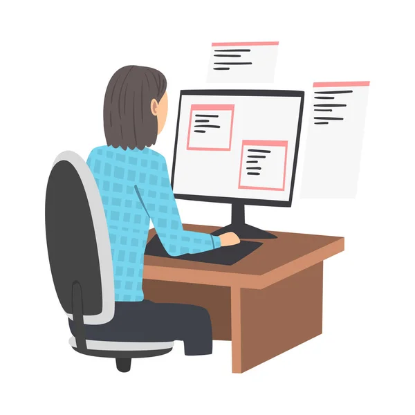Mulher como Desenvolvedor de Software ou Programador Envolvida em Codificação no Quadro do Servidor na Ilustração do Vetor de Computador —  Vetores de Stock
