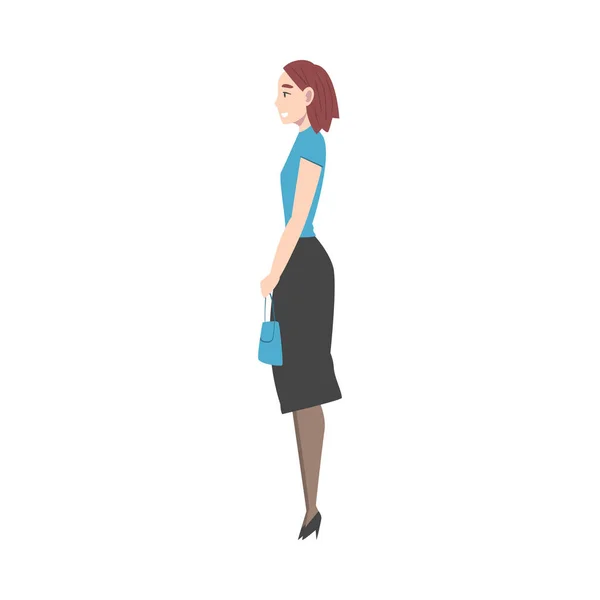 Seitenansicht einer jungen Frau in eleganter Kleidung mit Tasche im Stehen und wartendem Cartoon-Stil Vector Illustration — Stockvektor