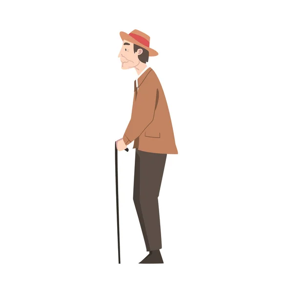 Side View of Elderly Man with Walking Cane Standing and Waiting Cartoon Style Vector Illustration — 스톡 벡터