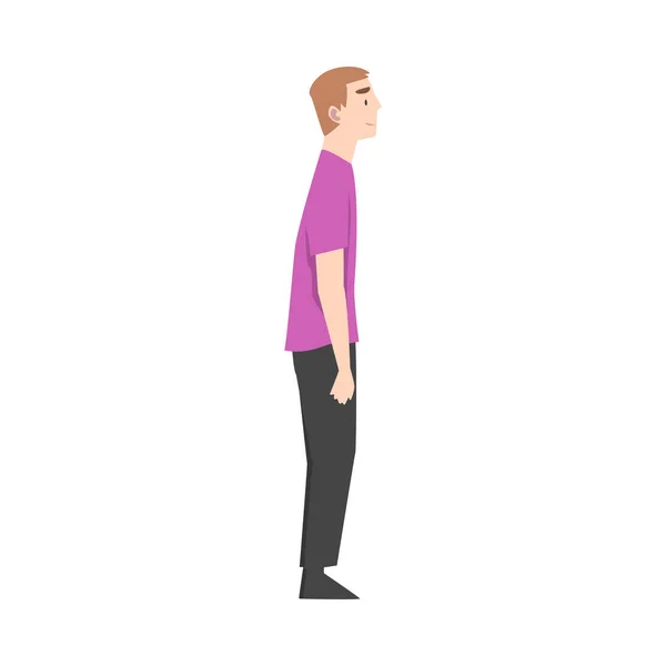 Young Man Wearing Casual Clothes Standing and Waiting, Side View Cartoon Style Vector Illustration — Stock Vector