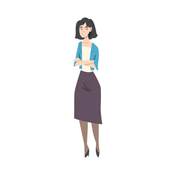 Молодая женщина в повседневной одежде, стоящая со сложенными руками и ожидающая векторной иллюстрации в стиле мультфильма — стоковый вектор