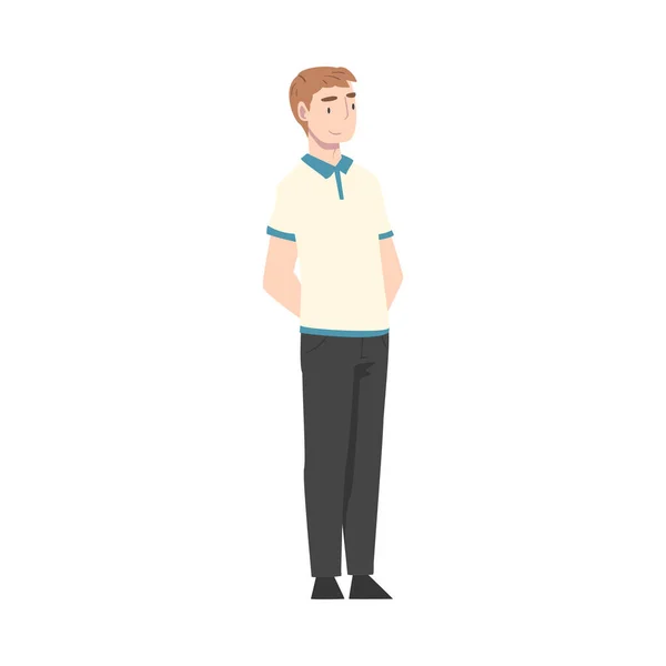 Young Man Standing with Hands Behind His Back and Waiting Cartoon Style Vector Illustration — Stock Vector