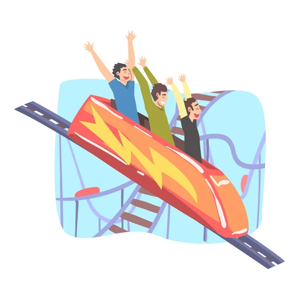 Οι άνθρωποι που διασκεδάζουν σε Roller Coaster, γελώντας αγόρια ιππασία μικρό γρήγορο ανοικτό αυτοκίνητο στο πάρκο ψυχαγωγίας, πλευρά άποψη κινουμένων σχεδίων στυλ διανυσματική εικονογράφηση — Διανυσματικό Αρχείο