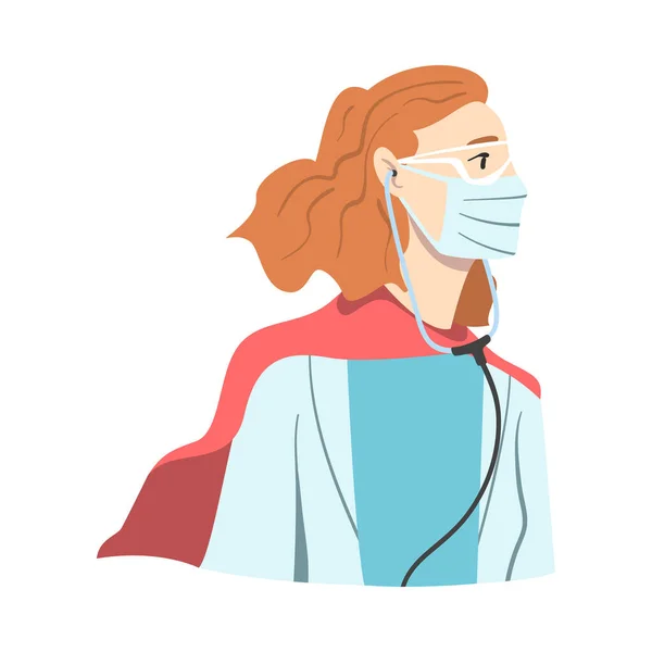 Doctor Superhero Wearing Medical Mask and Cape, Mujer Doctor Lucha contra los virus, Salud y Seguridad Concepto Dibujos animados Estilo Vector Ilustración — Archivo Imágenes Vectoriales