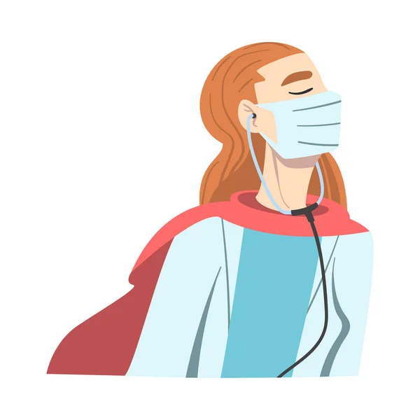 Γιατρός Υπερήρωας στην Ιατρική Μάσκα και Ακρωτήριο, Επαγγελματική αυτοπεποίθηση Doctor Character Καταπολέμηση των ιών, Υγεία και Ασφάλεια Cartoon Style Εικονογράφηση διάνυσμα — Διανυσματικό Αρχείο