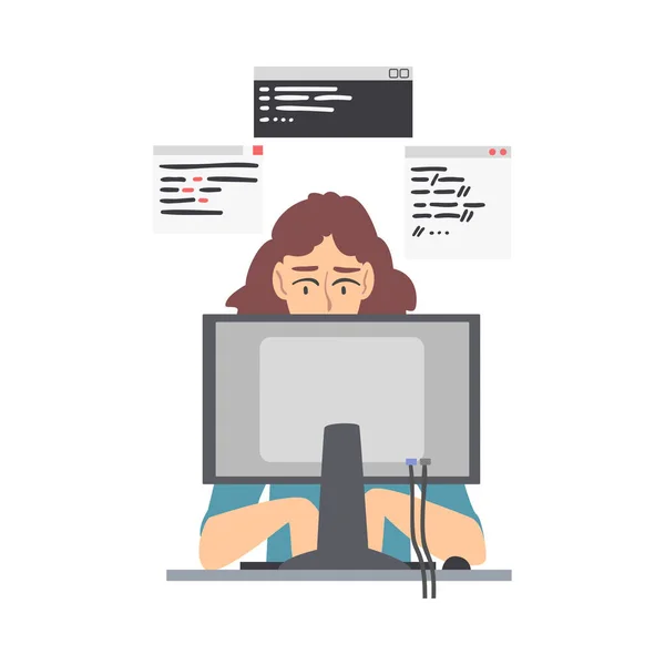 Mujer desarrollador web o programador que trabaja delante de la pantalla del ordenador Vector Ilustración — Vector de stock