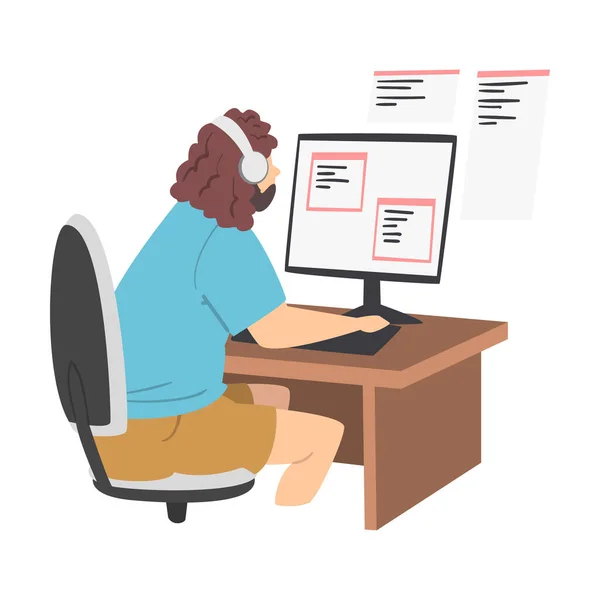 Hombre barbudo como desarrollador de software o programador comprometido en la codificación en el marco del lado del servidor en la ilustración de vectores de computadora — Vector de stock