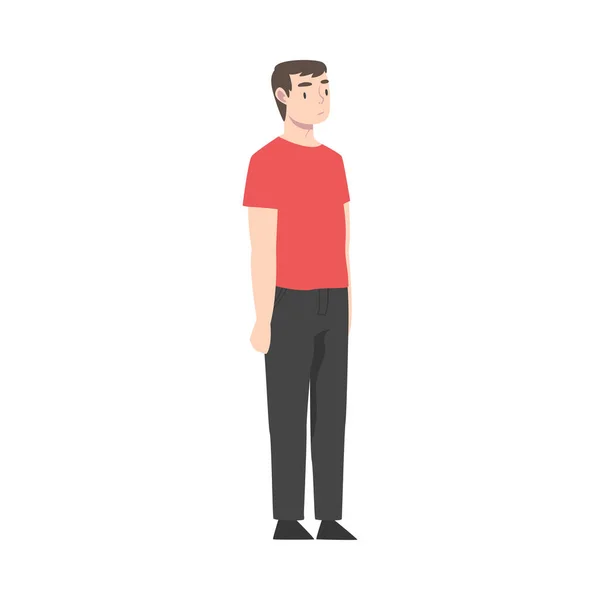 Young Man Wearing Casual Clothes Standing and Waiting Cartoon Style Vector Illustration — Stock Vector