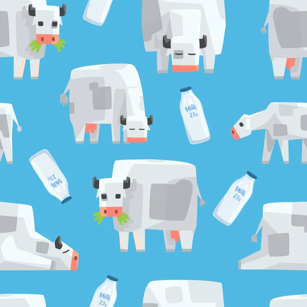 Pixel krowa i butelka mleka bezszwowy wzór, naturalne produkty mleczarskie, tekstylia, tapety, papier pakowy, tło Projekt kreskówka wektor ilustracja — Wektor stockowy